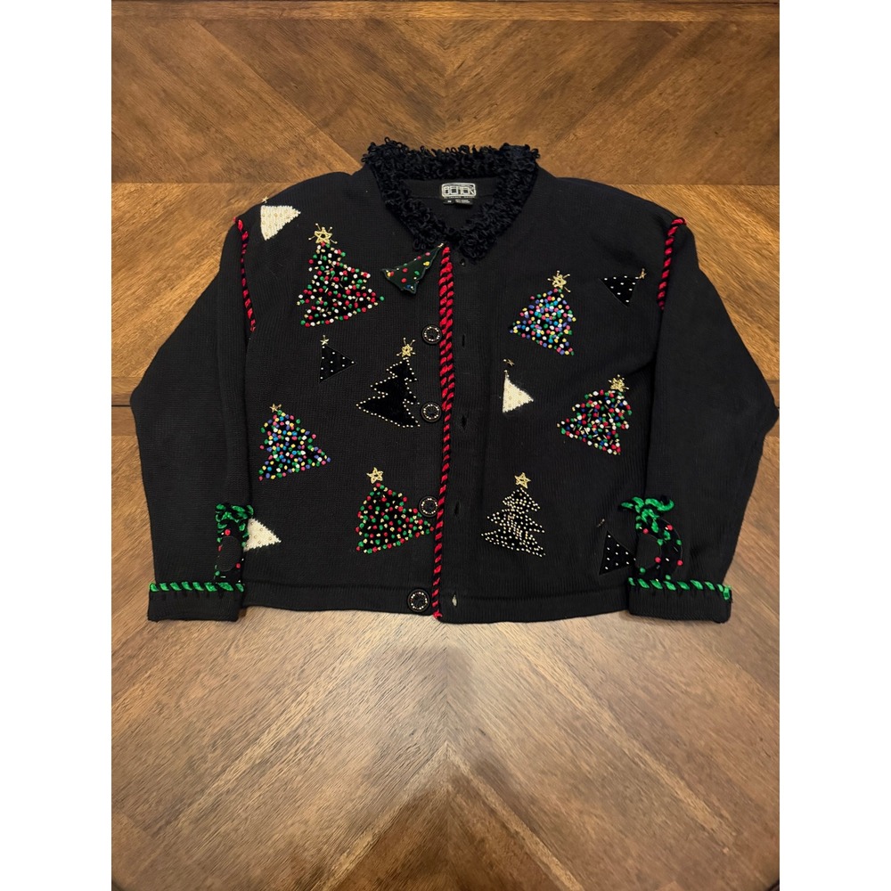 Vintage Berek Christmas Tree Cardigan Sweater Black Embellished Beaded Medium